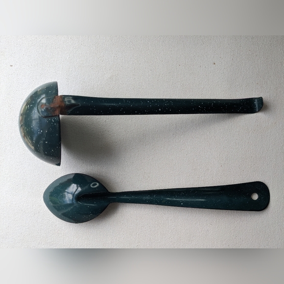 Vtg Graniteware Green Ladle & Spoon Lot Enamel Rare Rustic B2 - Picture 3 of 10